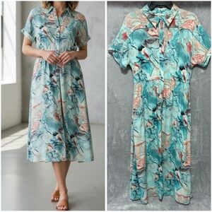Soft Surroundings Midi Shirt Dress Medium Abstract Watercolor Print Teal Blue